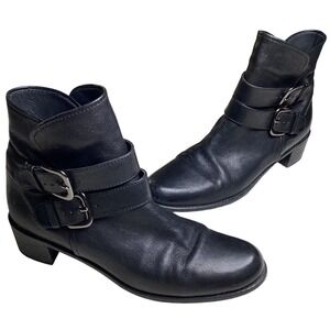 Stuart Weitzman Black Leather Moto Ankle Boots Double Buckle 9N Made In Spain